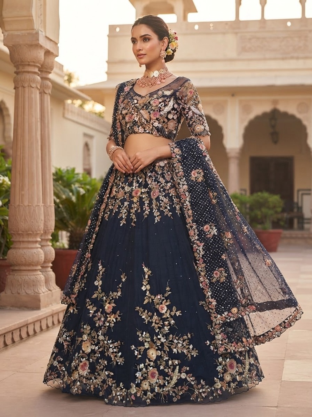 Embroidered Navy Floral Lehenga Set